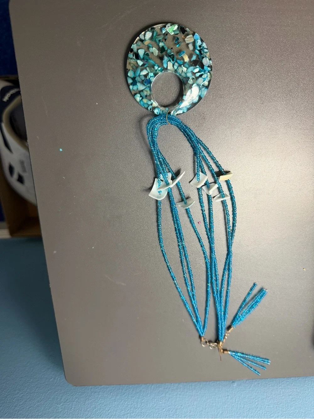 & Other Stories Teal Blue Beaded Necklace with Donut Pendant
